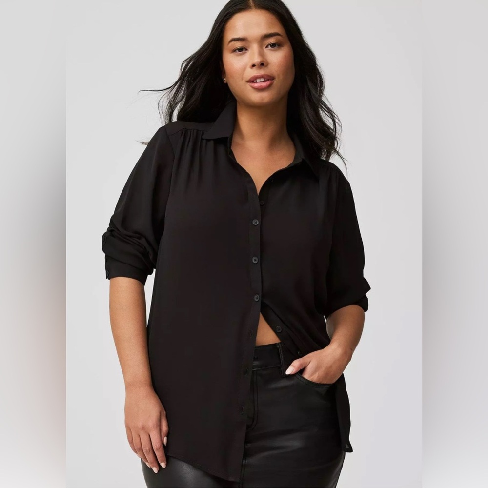 Torrid Elegant Black Button Up Tunic Shirt/Blouse, Sz L chic, minimalist, silky